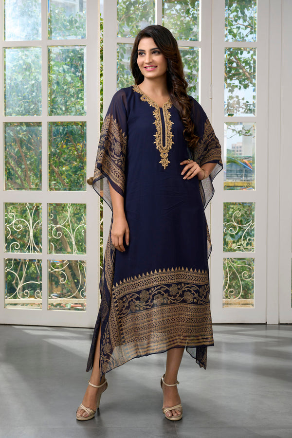 NAVY BLUE PRINTED & EMBROIDERED KAFTAAN #7956