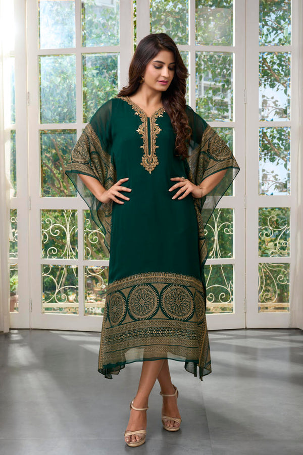 FOREST GREEN PRINTED &EMBROIDERED KAFTAAN #7955