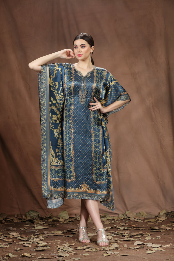 NAVY BLUE PRINTED & EMBROIDERED KAFTAAN #7962