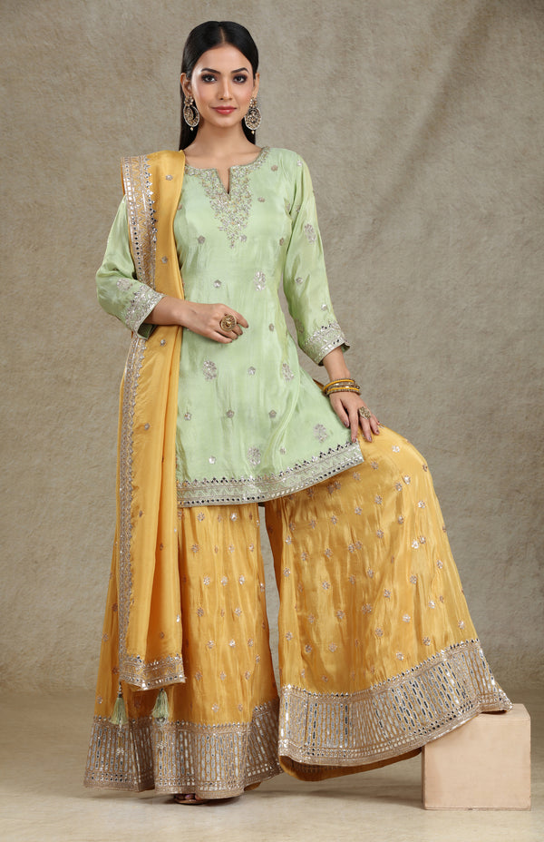 MINT GREEN & MUSTARD CONTRAST TISSUE SILK GHARARA SUIT SET #7670