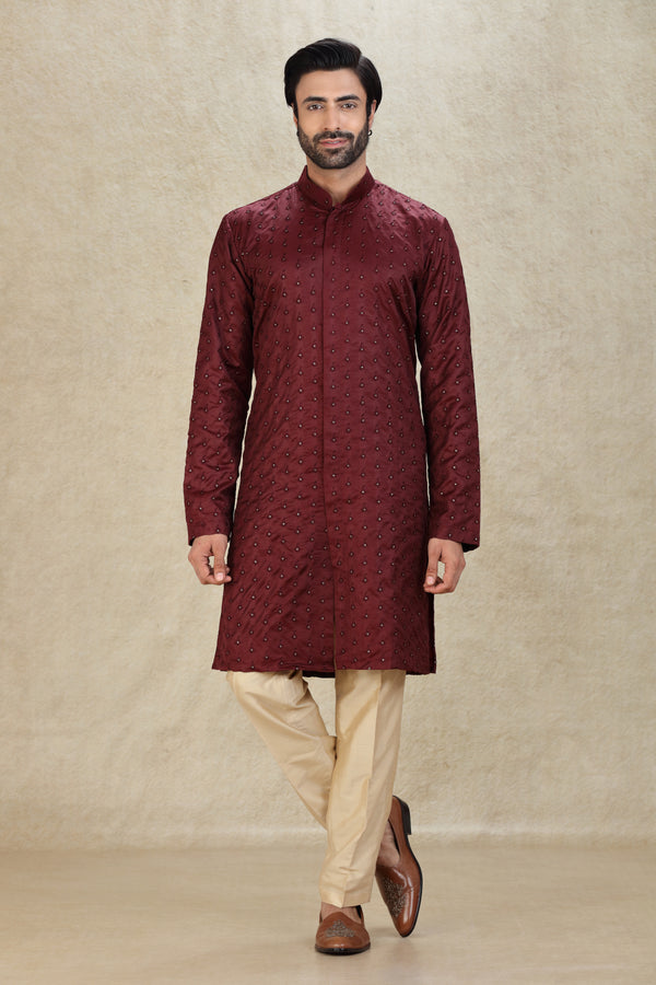 BURGUNDY THREAD & SEQUINS EMBROIDERED KURTA SET #8097