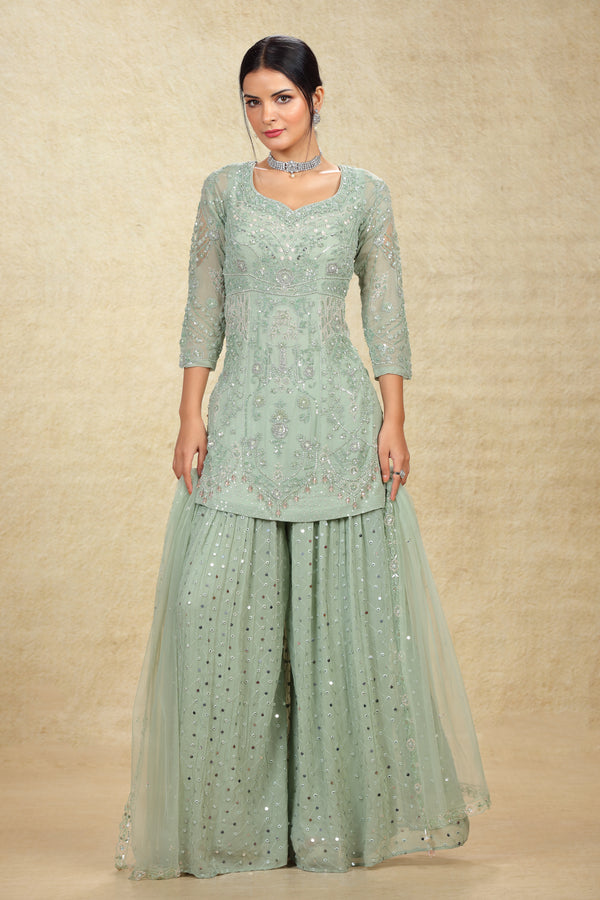 SAGE GREEN HAND EMBROIDERED GHARARA SUIT SET #8008