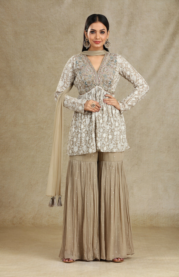 TAUPE PEPLOOM SHARARA SUIT SET #7675