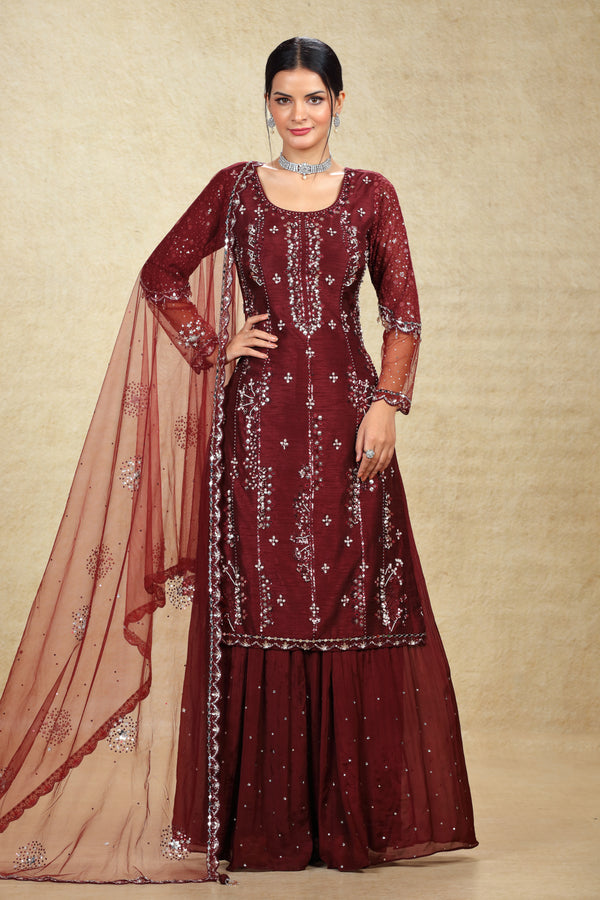 MAROON RAW SILK HAND EMBROIDERED GHARARA SUIT SET #8014