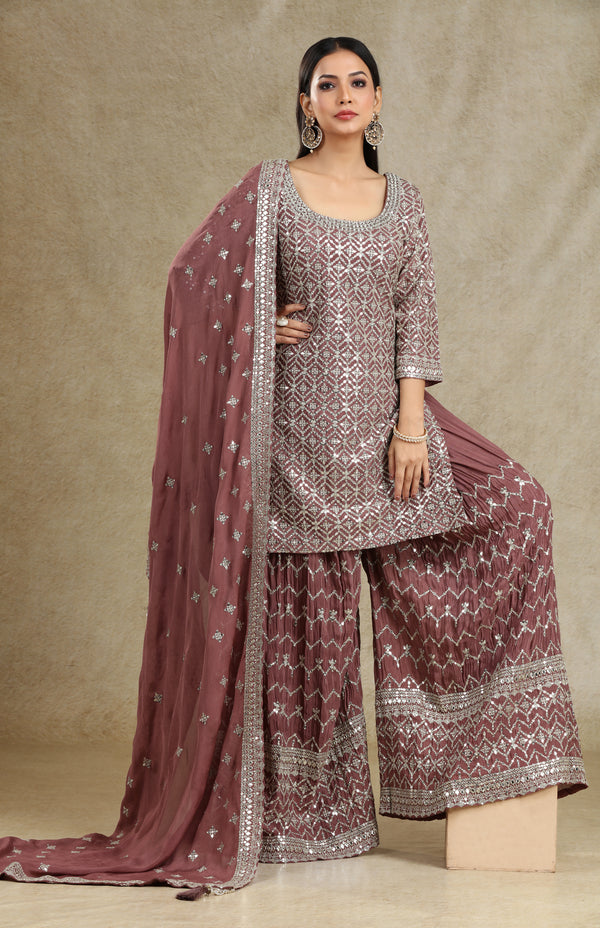 DARK MAUVE SEQUINS SHARARA SUIT SET #7663