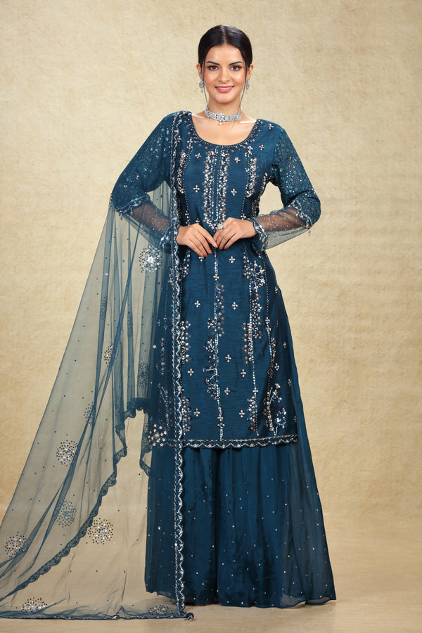 NAVY BLUE RAW SILK HAND EMBROIDERED GHARARA SUIT SET #8013