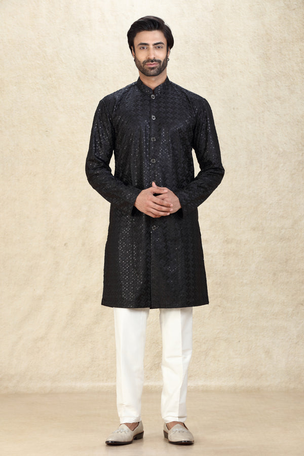 BLACK SEQUINS TONE ON TONE EMBROIDERED BUTTON DOWN KURTA SET #8095