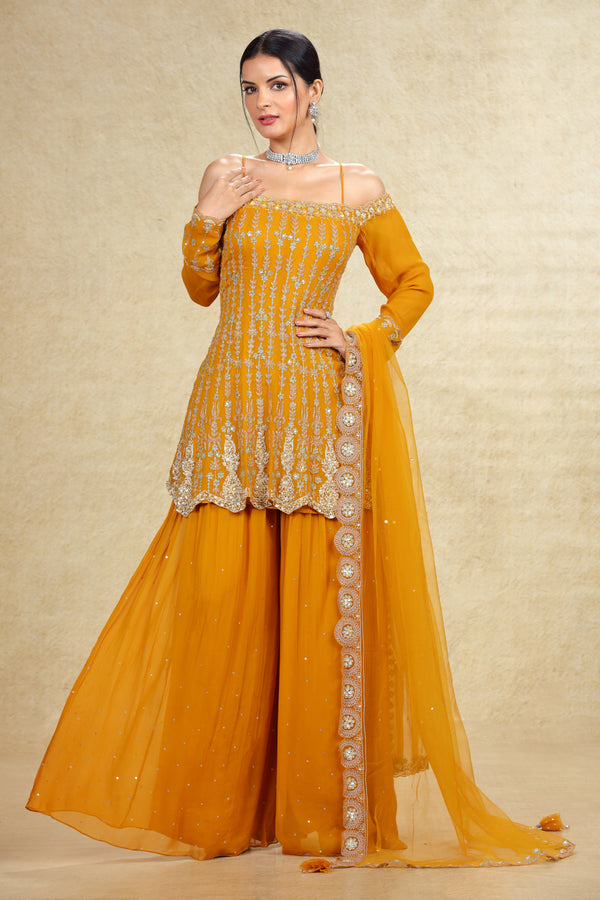 MUSTARD OFF SHOULDER HAND EMBROIDERED GHARARA SUIT SET #8006