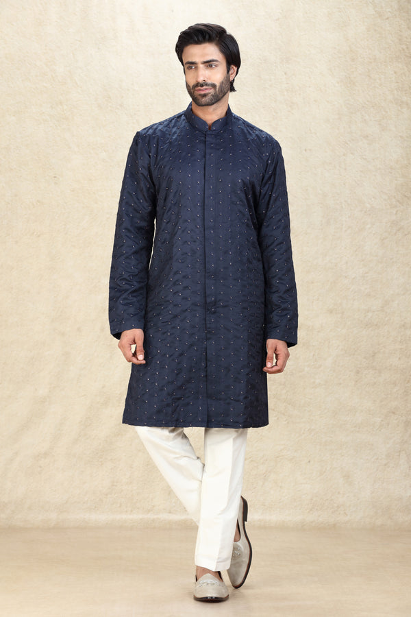 NAVY BLUE THREAD & SEQUINS EMBROIDERED KURTA SET #8096