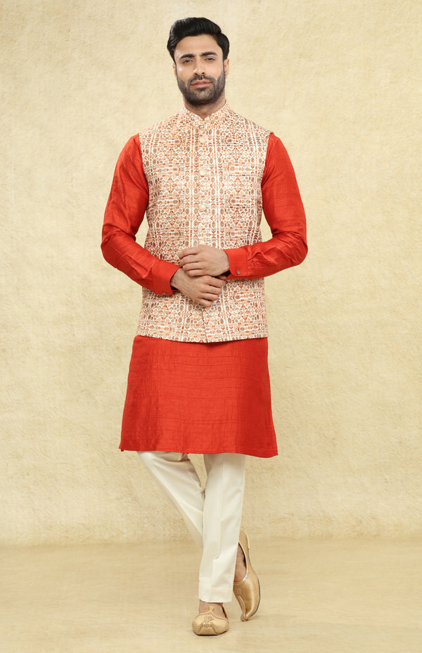 IVORY & BURNT ORANGE MULTICOLOR EMBROIDERED BANDI KURTA SET #7022