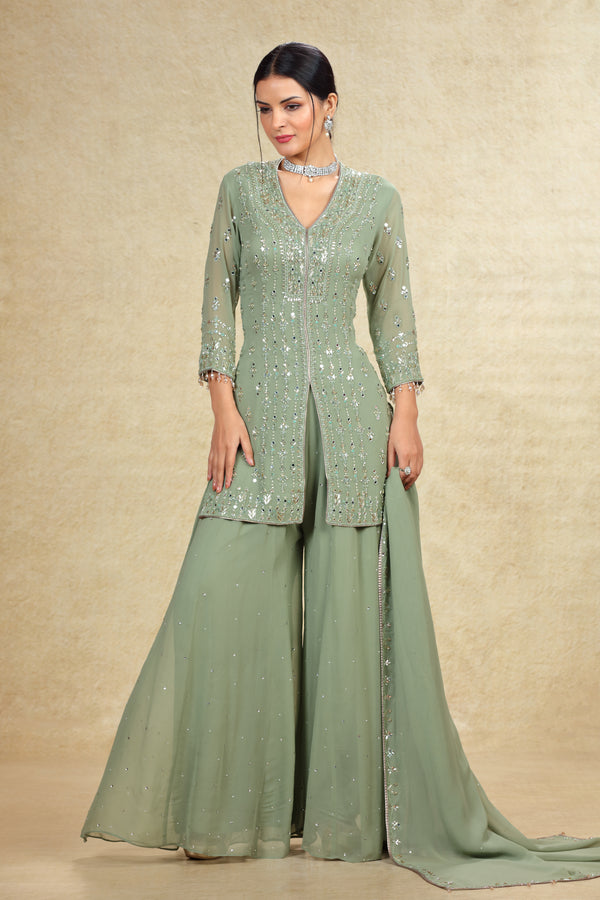 SAGE GREEN HAND EMBROIDERED GHARARA SUIT SET #8026