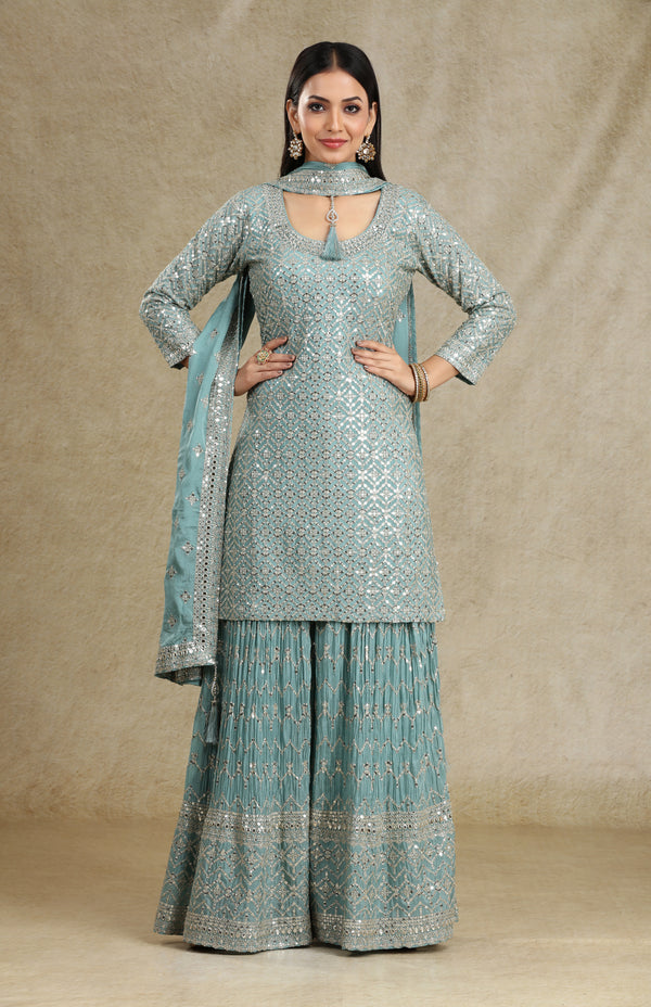 DUSTY LIGHT TEAL SEQUINS SHARARA SUIT SET #7664