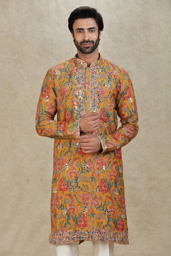 YELLOW MULTI COLOR THREAD MIRROR EMBROIDERED KURTA SET #8282