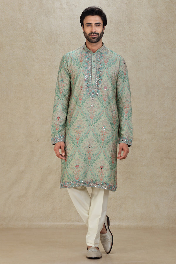 SAGE GREEN MULTI COLOR THREAD MIRROR EMBROIDERED KURTA SET #8283