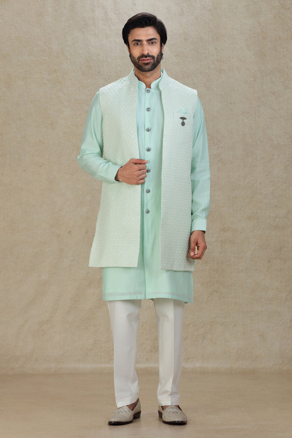 MINT LONG OPEN STYLE EMBROIDERED BANDI KURTA SET #7993