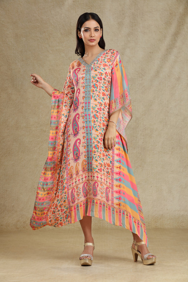 PEACHY PINK MULTICOLOR PRINTED & EMBROIDERED KAFTAAN #7958