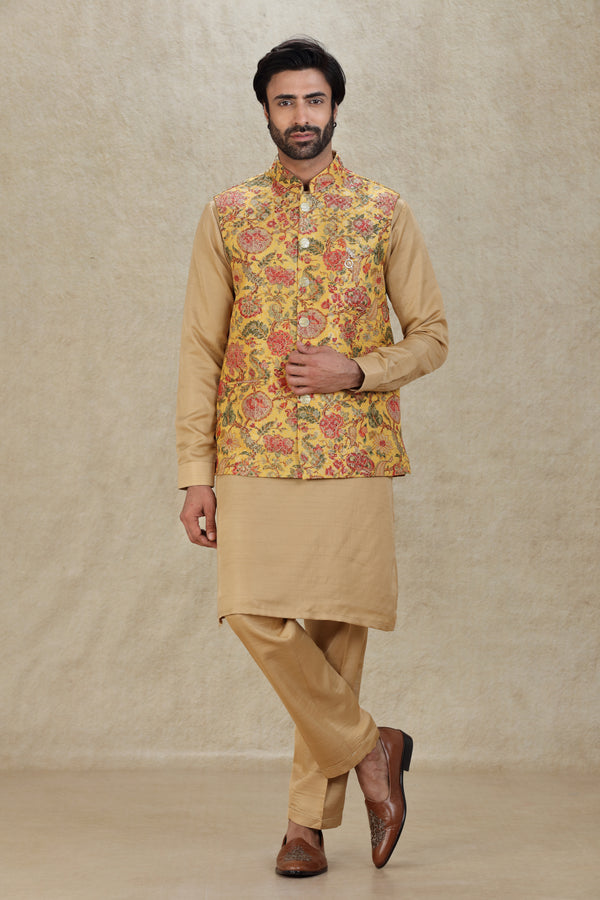 YELLOW FLORAL PRINTED BANDI KURTA SET #7976