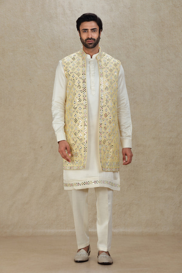 YELLOW THREAD & MIRROR EMBROIDERED LONG OPEN BANDI KURTA SET #8285