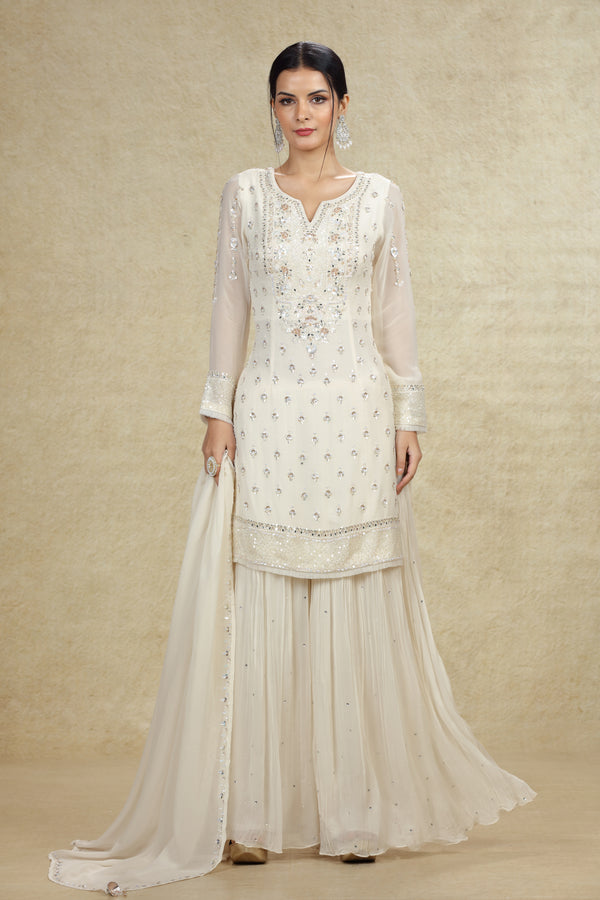 IVORY HAND EMBROIDERED GHARARA SUIT SET #8010