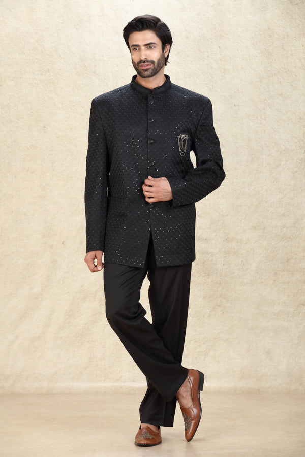 BLACK TONE ON TONE EMBROIDERED JODHPURI SUIT #8278