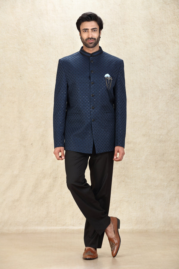 NAVY BLUE & BLACK EMBROIDERED JODHPURI SUIT #8277