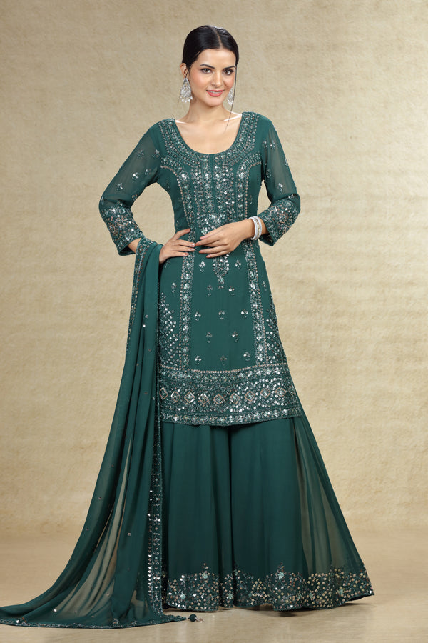 TEAL TONE ON TONE HAND EMBROIDERED LONG TOP GHARARA SUIT SET #8016