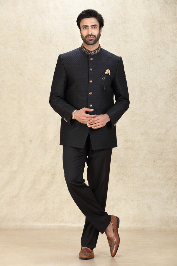 BLACK QUILTED RAW SILK EMBROIDERED JODHPURI SUIT #8276