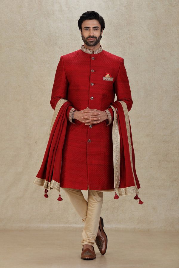 RED QUILTED RAW SILK EMBROIDERED SHERWANI SET #8281