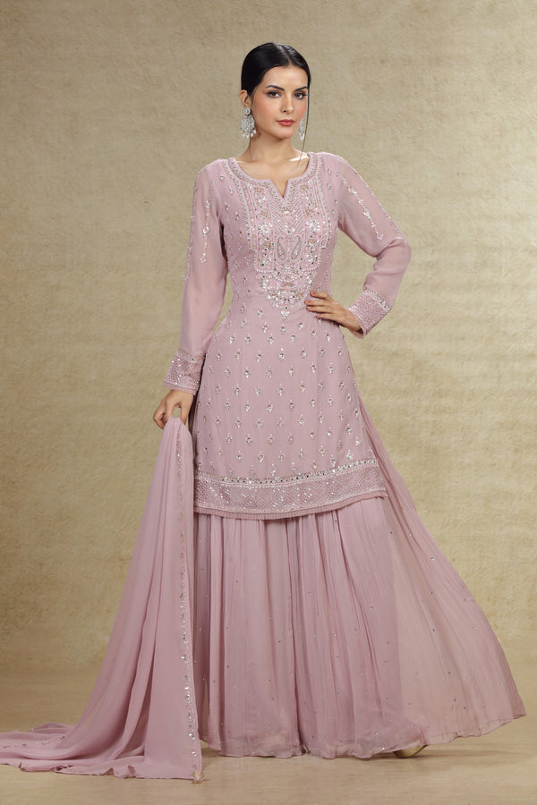 LAVENDER TONE ON TONE HAND EMBROIDERED GHARARA SUIT SET #8011