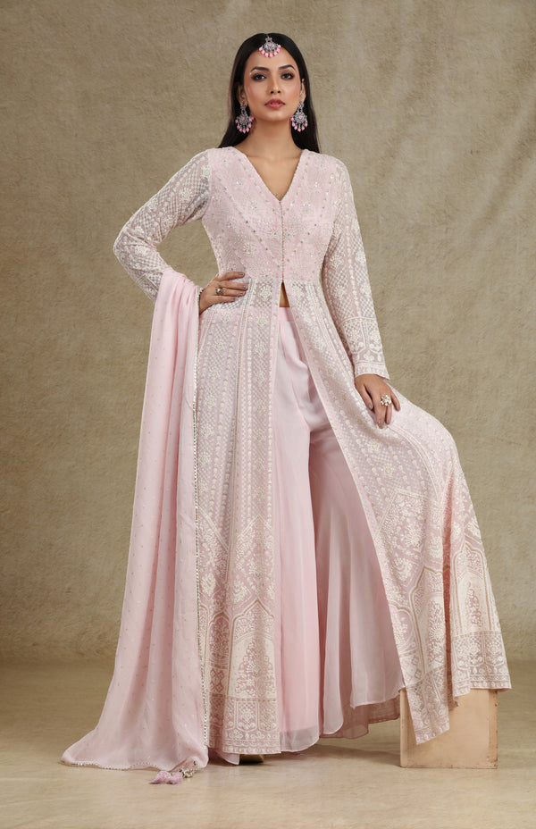 BLUSH PINK FRONT SLIT CHIKANKARI PALAZZO SUIT SET #7678