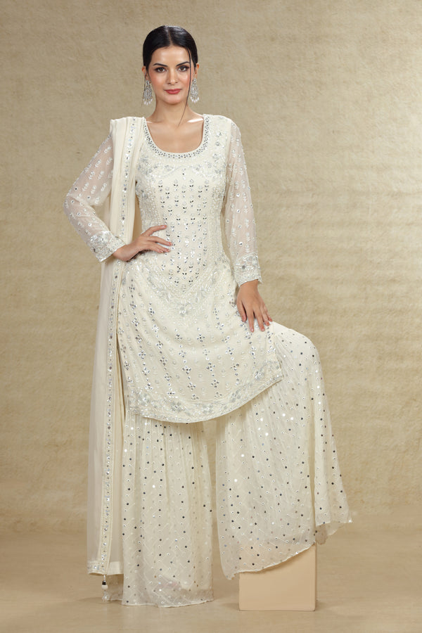 WHITE IVORY HAND EMBROIDERED GHARARA LONG TOP SET #8024