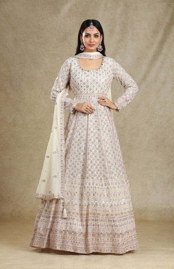 IVORY CREAM WITH MULTICOLOR PASTEL HIGHLIGHTING ANARKALI GOWN SET #7681