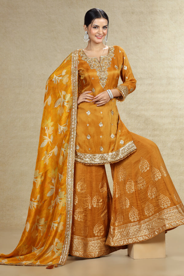 RUST ORANGE TISSUE SILK EMBROIDERED GHARARA SUIT SET WITH PRINTED DUPATTA #8062