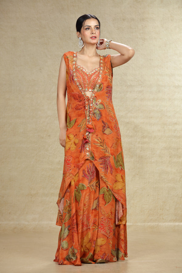 RUST ORANGE PRINTED CROP TOP SUIT SET WITH SLEEVELESS JACKET #7968