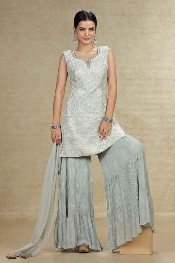 LIGHT GREY THREAD & SEQUINS EMBROIDERED SHARARA SUIT SET #8053