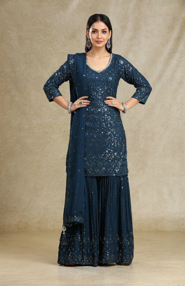 INDIGO BLUE SEQUINS SHARARA SUIT SET #7666