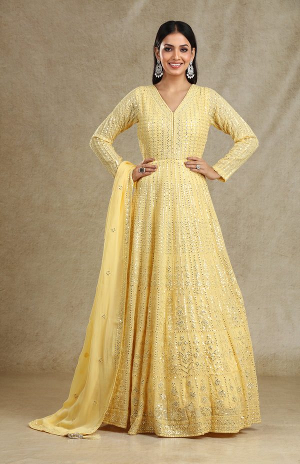 SOFT YELLOW SEQUINS ANARKALI GOWN SET #7608