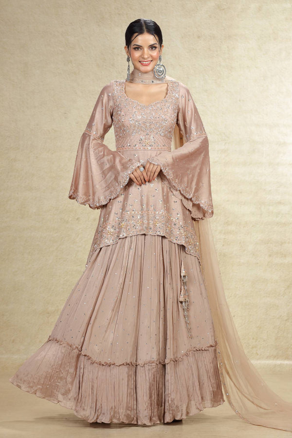 TAUPE HAND EMBROIDERED HIGH LOW TOP LEHENGA SUIT SET #8035