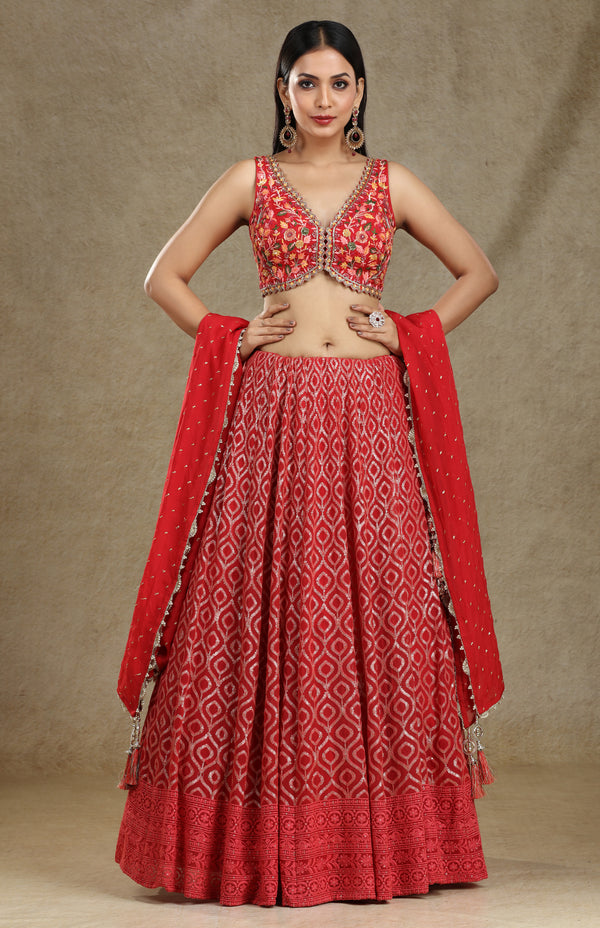 RED SEQUINS & CHIKANKARI LEHENGA SET #7693