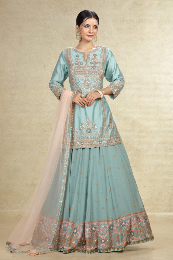 LIGHT SEA GREEN RAW SILK HAND EMBROIDERED LONG TOP LEHENGA SUIT SET WITH CONTRAST DUPATTA #8036