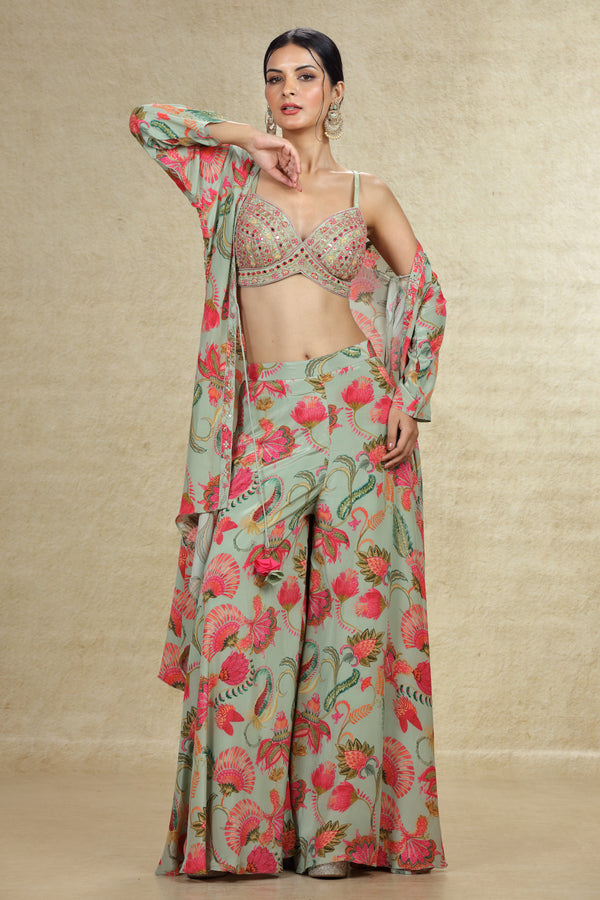 SOFT SAGE GREEN PRINTED CROP TOP SUIT SET WITH JACKET #7966