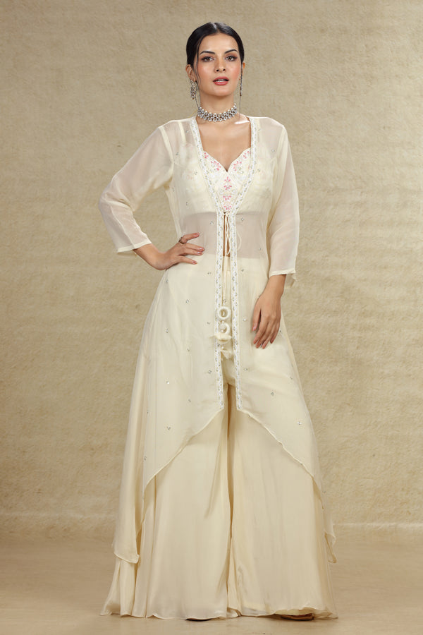 IVORY EMBROIDERED CROP TOP SUIT SET WITH JACKET #7971