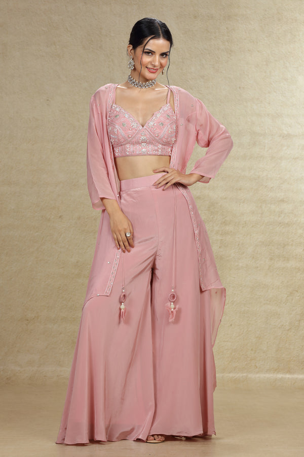 BABY PINK EMBROIDERED CROP TOP SUIT SET WITH JACKET #8040