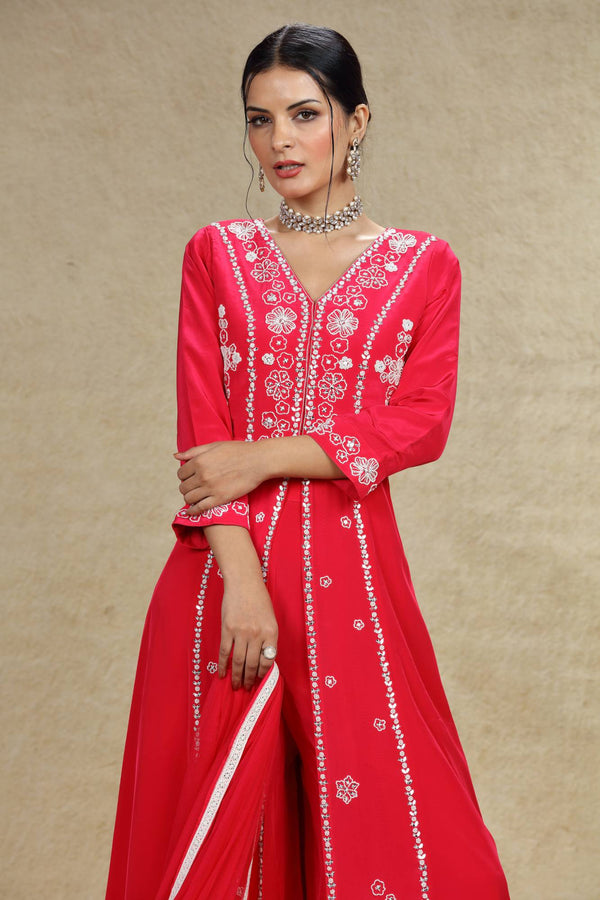 HOT PINK HAND EMBROIDERED LONG TOP FRONT SLIT PALAZZO SUIT SET #8042