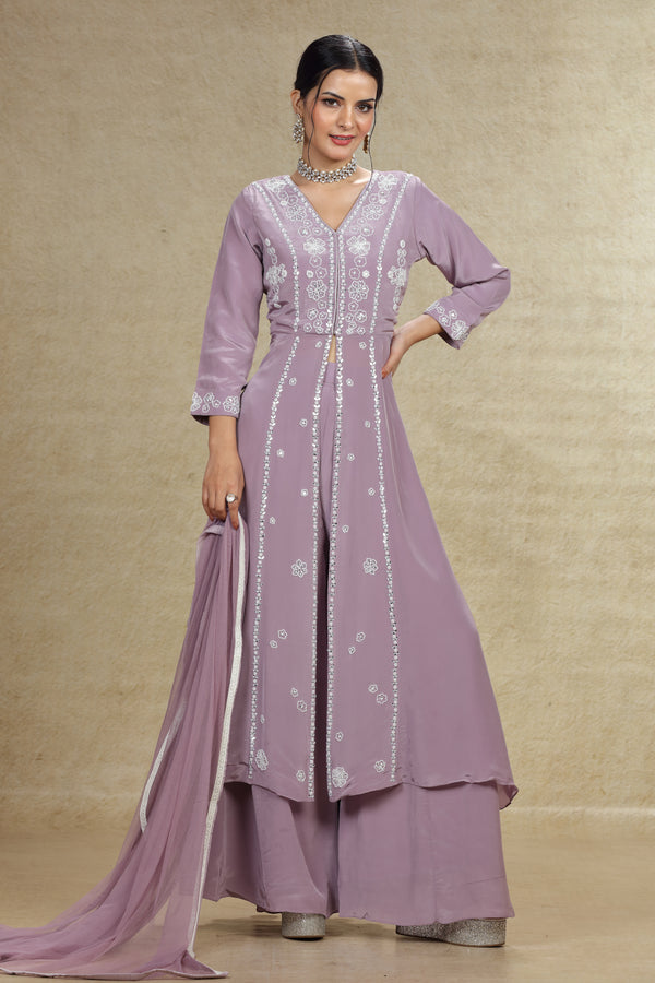 LILAC HAND EMBROIDERED LONG TOP FRONT SLIT PALAZZO SUIT SET #8043