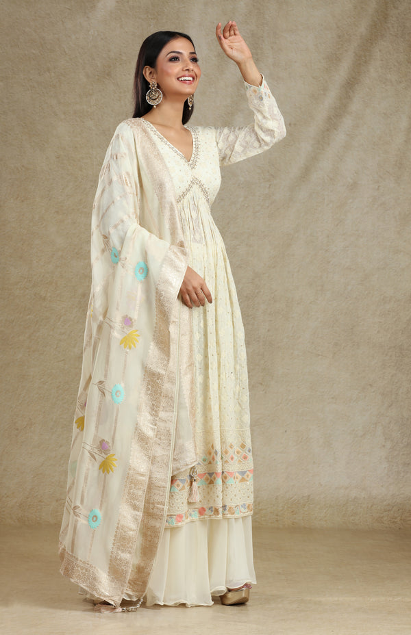 IVORY SIDE SLIT CHIKANKARI PALAZZO SUIT SET WITH BANARASI DUPATTA #7677