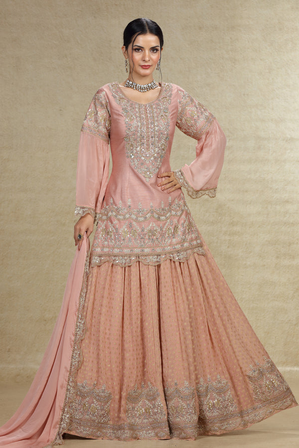 LIGHT PINK RAW SILK HAND EMBROIDERED LONG TOP BANARASI LEHENGA SUIT SET #8031