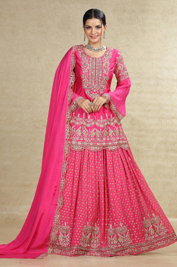 HOT PINK RAW SILK HAND EMBROIDERED LONG TOP BANARASI LEHENGA SUIT SET #8030