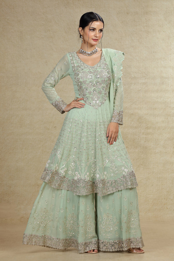 DUSTY SAGE GREEN HAND EMBROIDERED ANARKALI GHARARA SUIT SET #8019