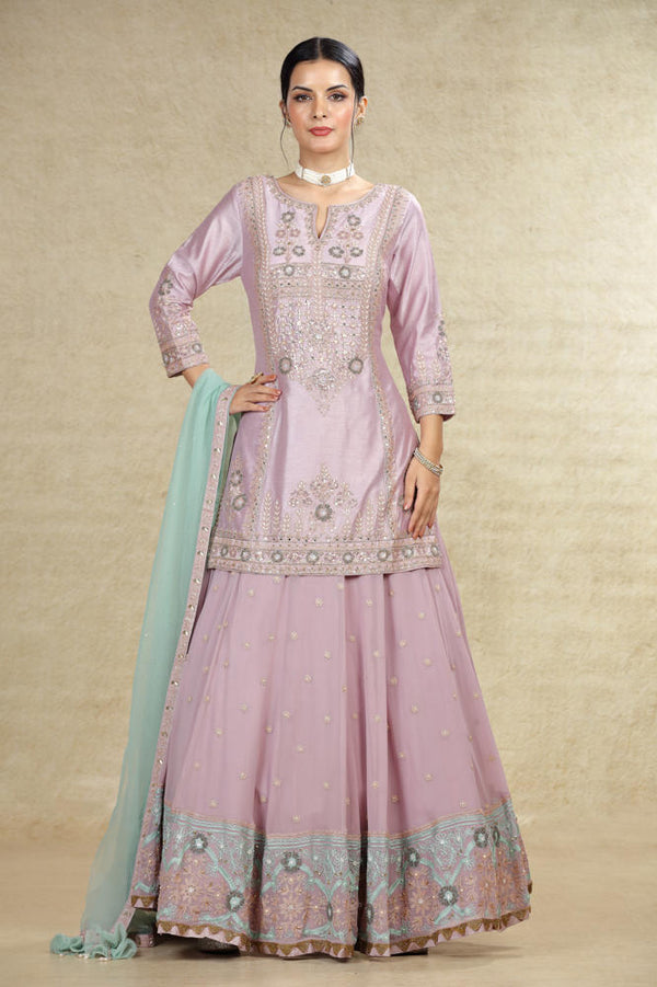 LAVENDER RAW SILK HAND EMBROIDERED LONG TOP LEHENGA SET WITH CONTRAST DUPATTA #8037